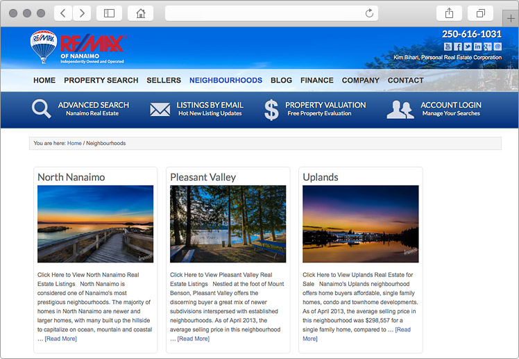 Nanaimo British Columbia Real Estate Web Design with Neighbourhoods