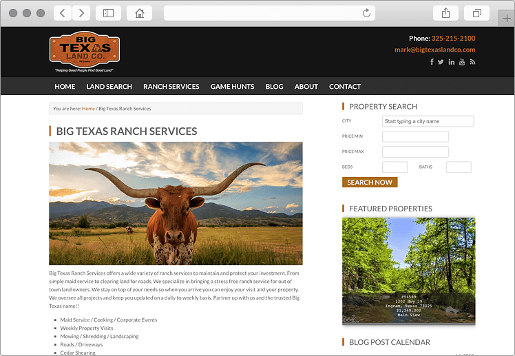 Big Texas Land Ranch Services Web Page Design